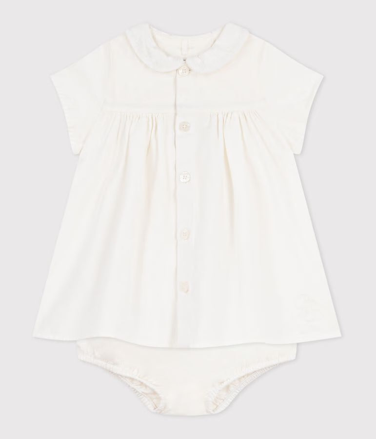 Abito in misto cotone/lino neonata con bloomer abbinato con ricamo decorativo