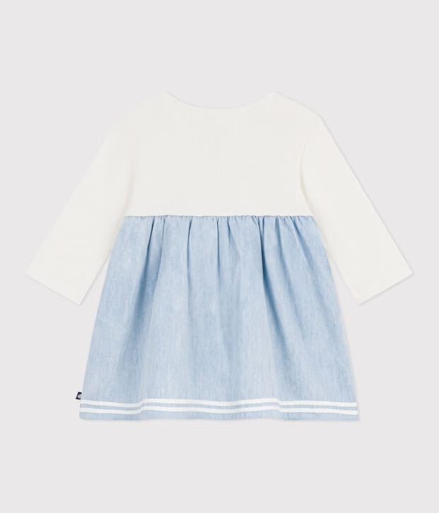 Abito bi-materiale a maniche lunghe in cotone e chambray neonata