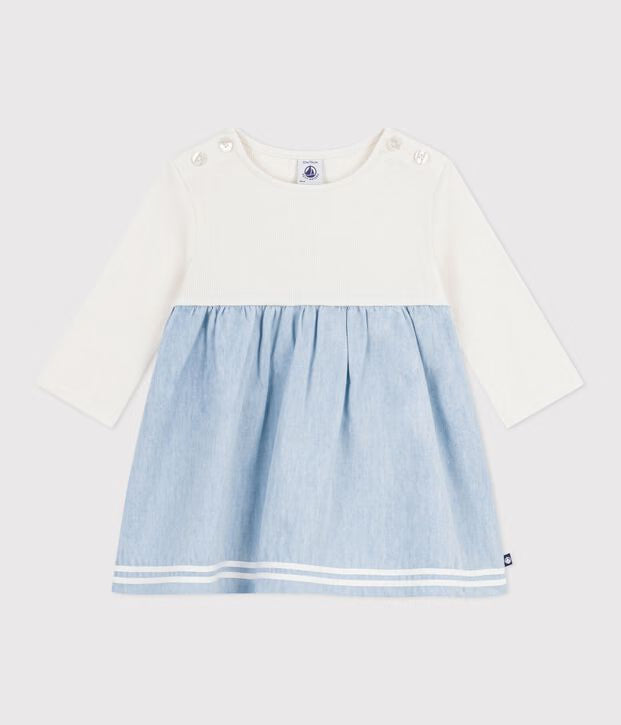 Abito bi-materiale a maniche lunghe in cotone e chambray neonata