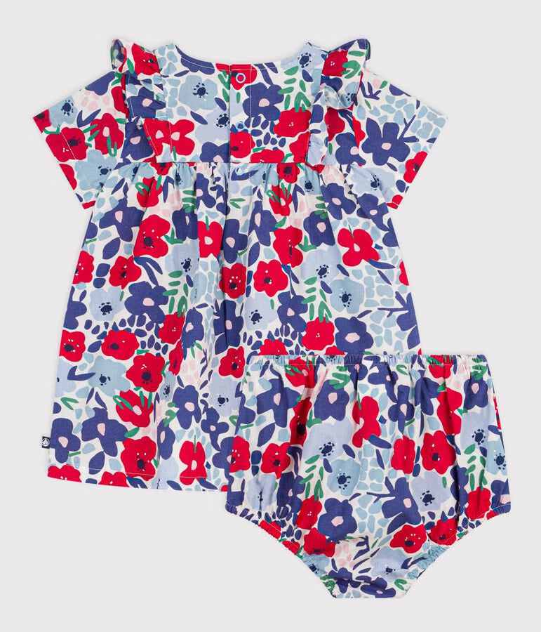 Abito neonata a maniche corte in cotone e bloomer abbinato con stampa a fiori