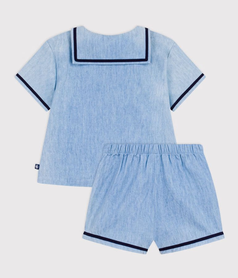 Completo neonato 2 pezzi in chambray con T-shirt con colletto alla marinara