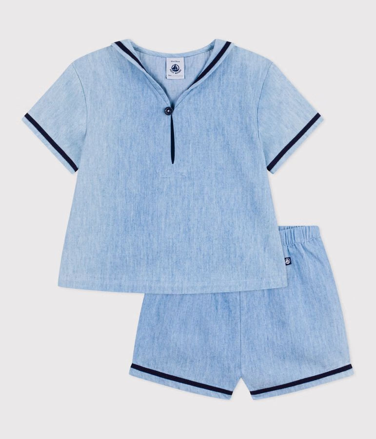 Completo neonato 2 pezzi in chambray con T-shirt con colletto alla marinara