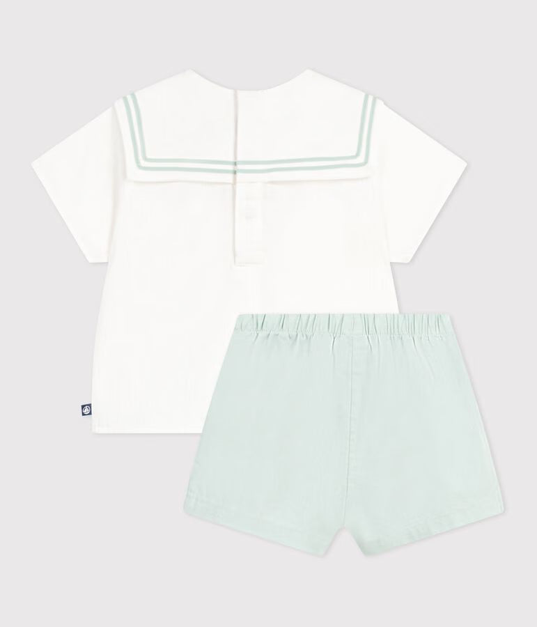 Completo neonato 2 pezzi in misto cotone/lino con top con colletto alla marinara