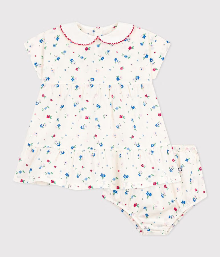 Abito neonata a maniche corte in cotone e bloomer abbinato con stampa a fiori