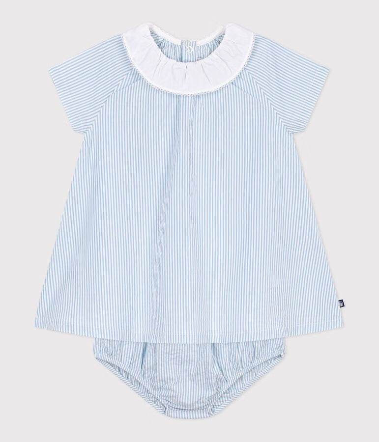 Baby Girls' Cotton Short-Sleeve Dress with Matching Striped Bloomers