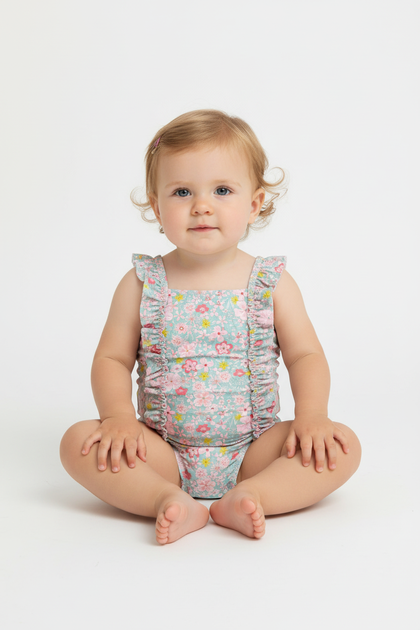 Costume da bagno intero con stampa a fiori e volant neonata