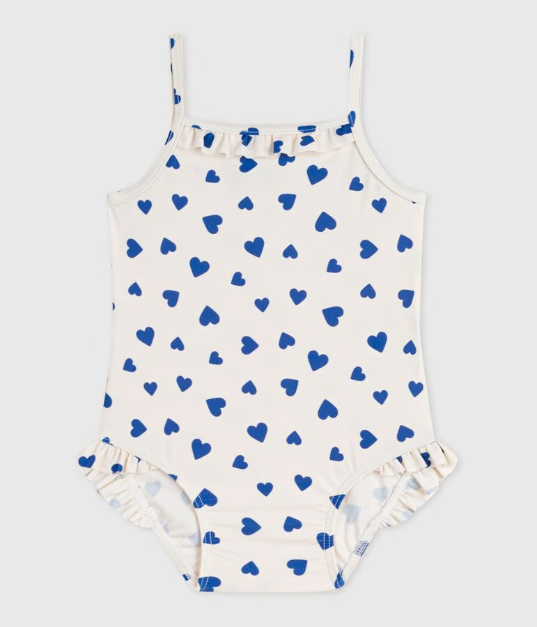 Costume da bagno intero con stampa a cuori e volant neonata