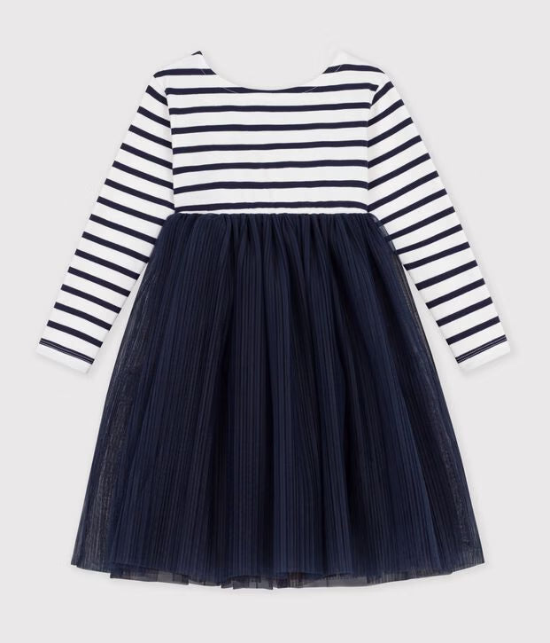 Abito a maniche lunghe in cotone e tulle a righe Petit Bateau