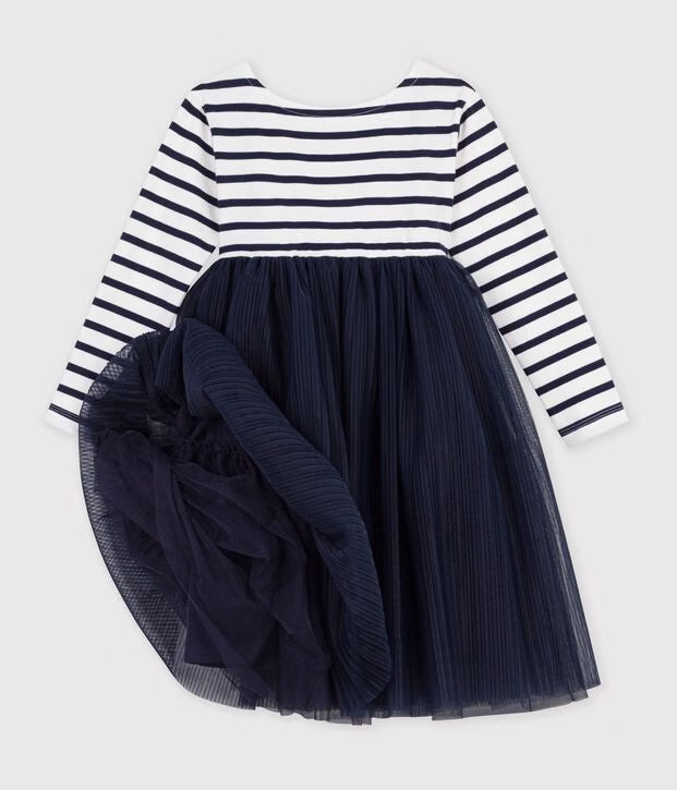 Abito a maniche lunghe in cotone e tulle a righe Petit Bateau