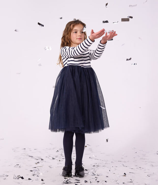 Abito a maniche lunghe in cotone e tulle a righe Petit Bateau