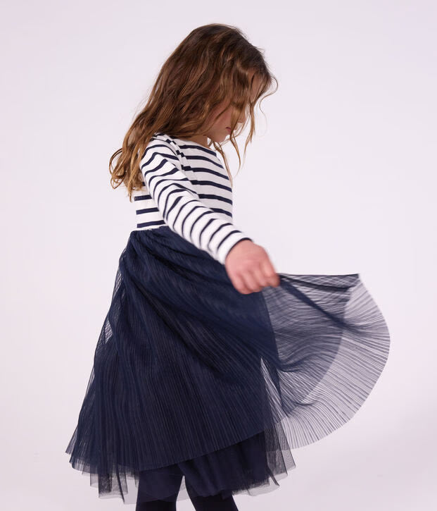 Abito a maniche lunghe in cotone e tulle a righe Petit Bateau
