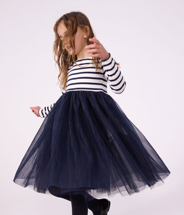 Abito a maniche lunghe in cotone e tulle a righe Petit Bateau