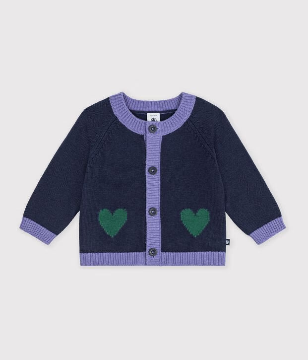 Cardigan in maglia di misto lana e cotone con motivo jacquard a cuori Petit Bateau