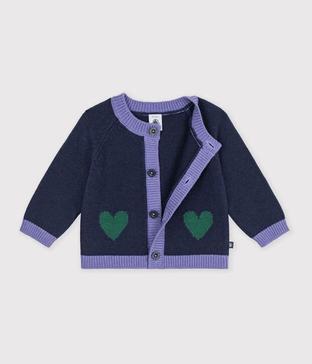 Cardigan in maglia di misto lana e cotone con motivo jacquard a cuori Petit Bateau
