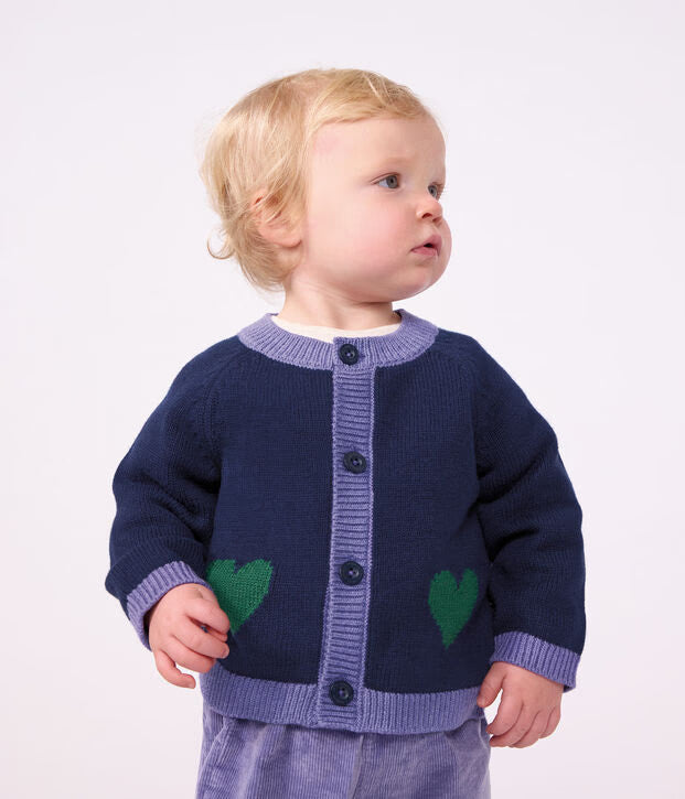 Cardigan in maglia di misto lana e cotone con motivo jacquard a cuori Petit Bateau