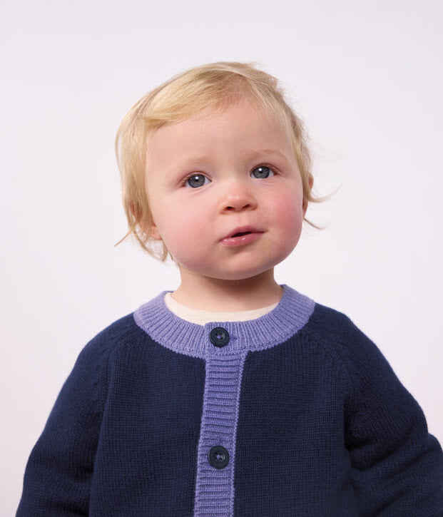 Cardigan in maglia di misto lana e cotone con motivo jacquard a cuori Petit Bateau