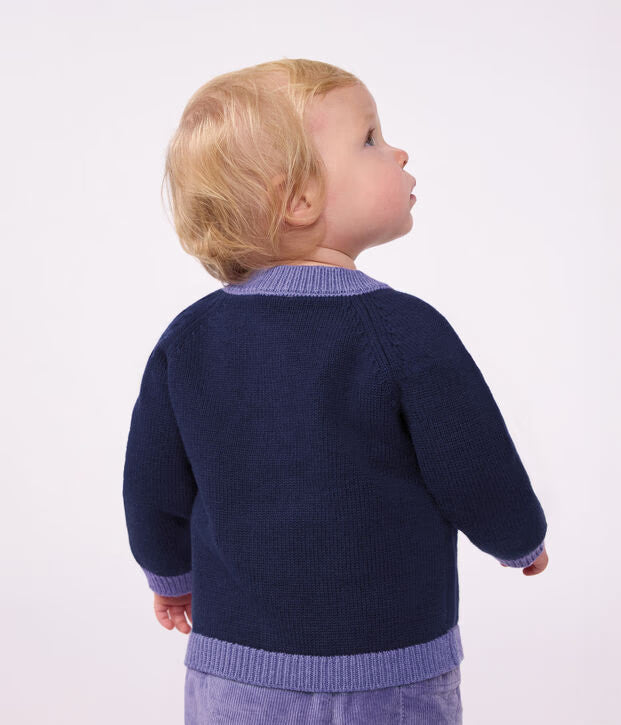 Cardigan in maglia di misto lana e cotone con motivo jacquard a cuori Petit Bateau