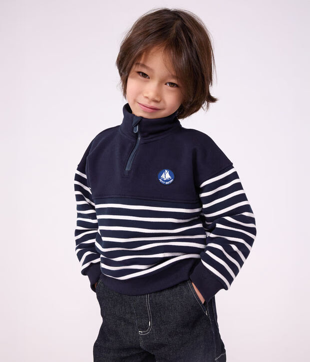 Felpa con mezza cerniera in cotone a righe Petit Bateau