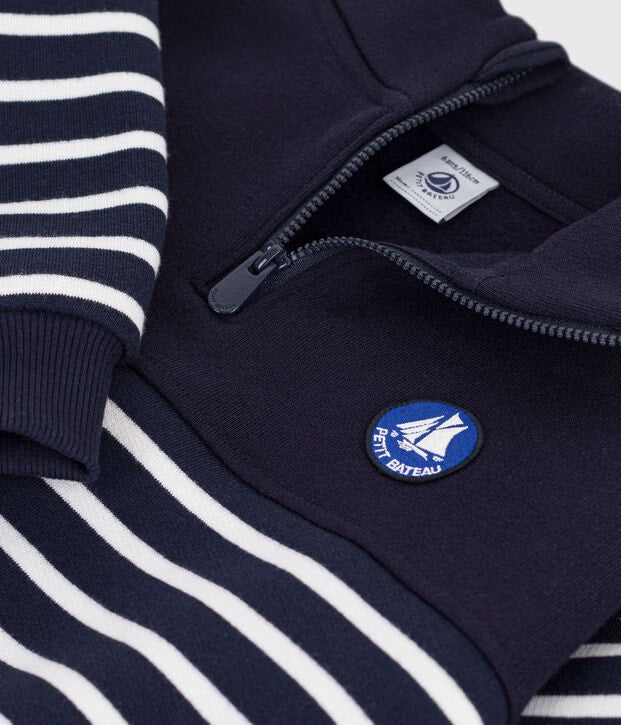 Felpa con mezza cerniera in cotone a righe Petit Bateau