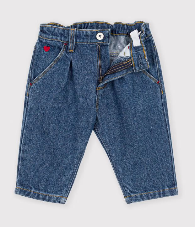 Pantaloni in denim tinta unita con cuore ricamato Petit Bateau