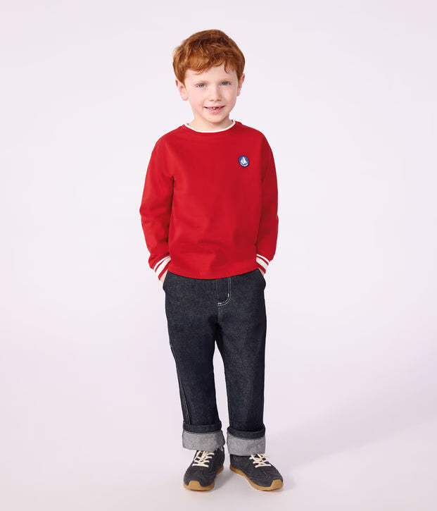 T-shirt a maniche lunghe in cotone tinta unita Petit Bateau