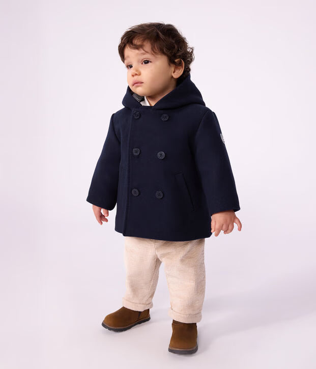 Caban in panno di lana tinta unita blu Petit Bateau