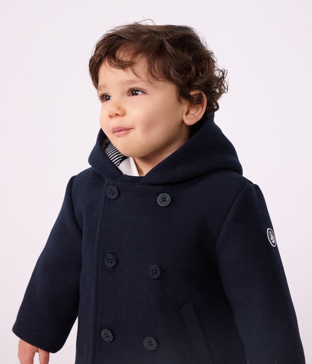 Caban in panno di lana tinta unita blu Petit Bateau