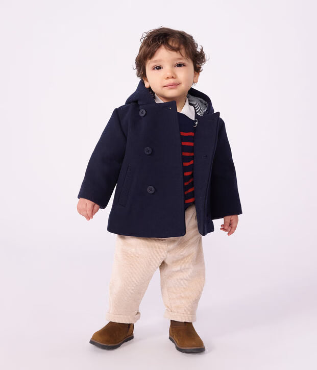 Caban in panno di lana tinta unita blu Petit Bateau