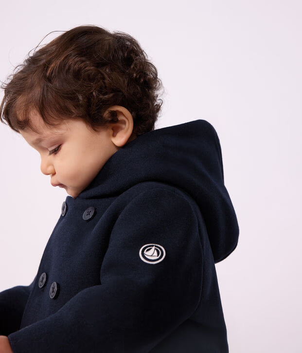 Caban in panno di lana tinta unita blu Petit Bateau