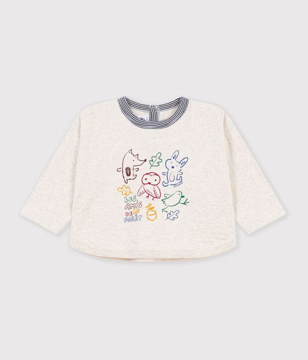 T-shirt a maniche lunghe in cotone tinta unita con motivo decorativo Petit Bateau