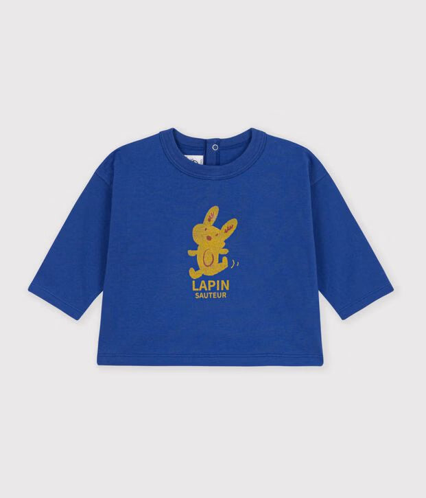 T-shirt a maniche lunghe in cotone tinta unita con motivo Petit Bateau