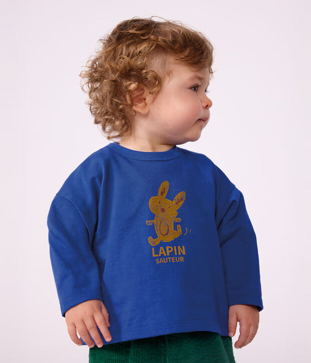 T-shirt a maniche lunghe in cotone tinta unita con motivo Petit Bateau