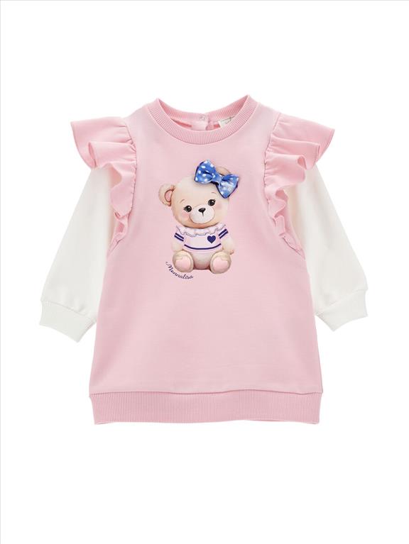 Abito Monnalisa rosa a in felpa di cotone stretch con volants e maniche lunghe bianche.