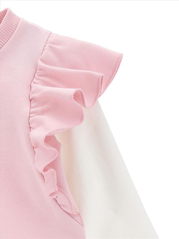 Pink Monnalisa stretch cotton fleece dress with ruffles and long white sleeves.