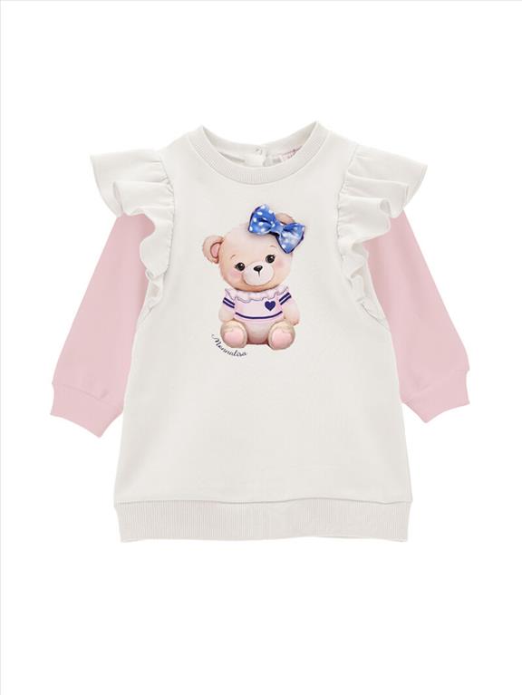 Pink Monnalisa stretch cotton fleece dress with ruffles and long white sleeves.