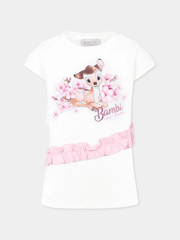 T-shirt bianca per bambina con Bambi e stampa floreale