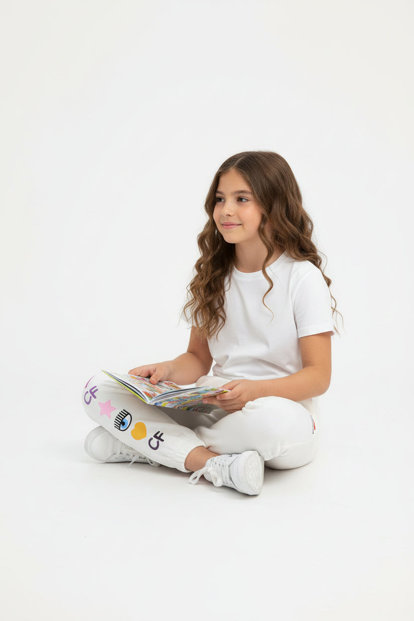 Pantalone Felpa Chiara Ferragni con loghi iconici sulla gamba.