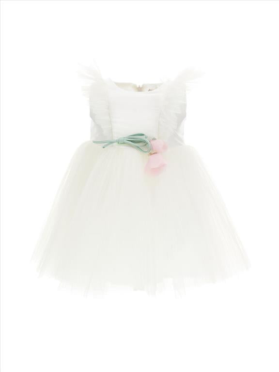 ABITO IN TULLE PLISSE' CON FIORE APPLICATO.