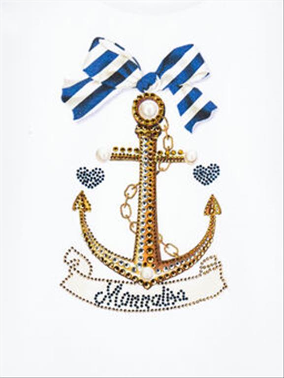 T-shirt stampa marinière in strass e perle Monnalisa.