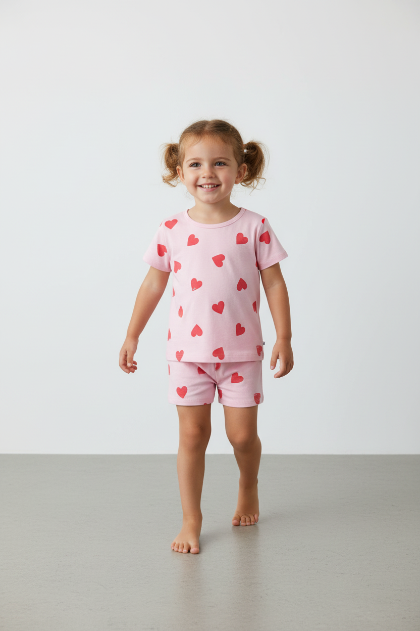 Pigiama corto in cotone con stampa a cuori bambina