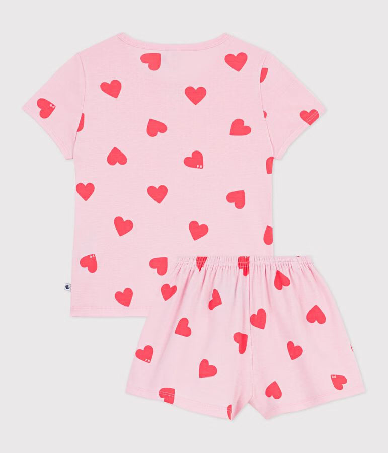 Girl's short cotton pajamas with heart print