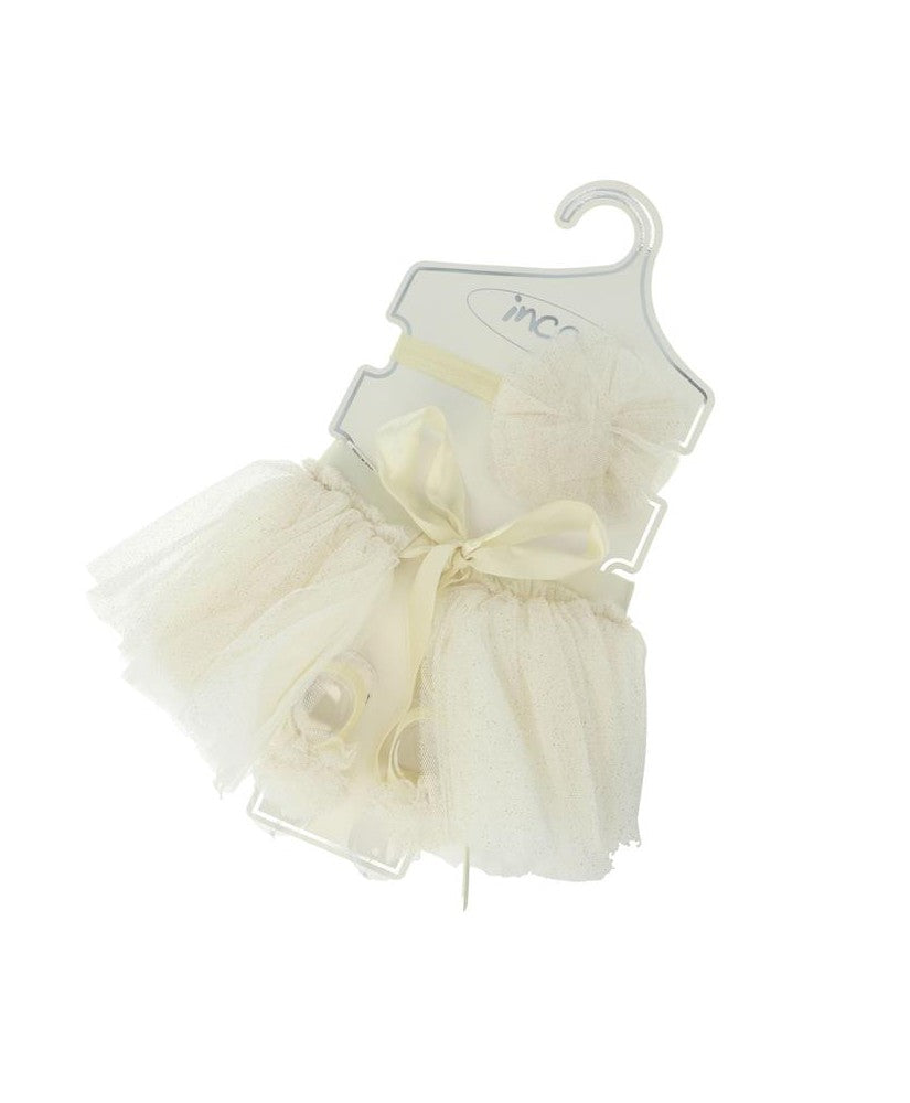 Completo tutù con tre fasce elastiche e decorazioni in tulle bianco