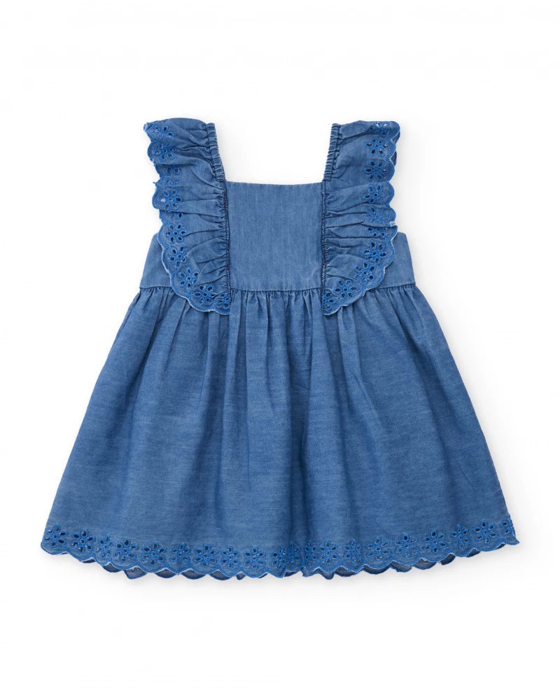 Vestito da bambina in tessuto piano con volant e ricamo floreale