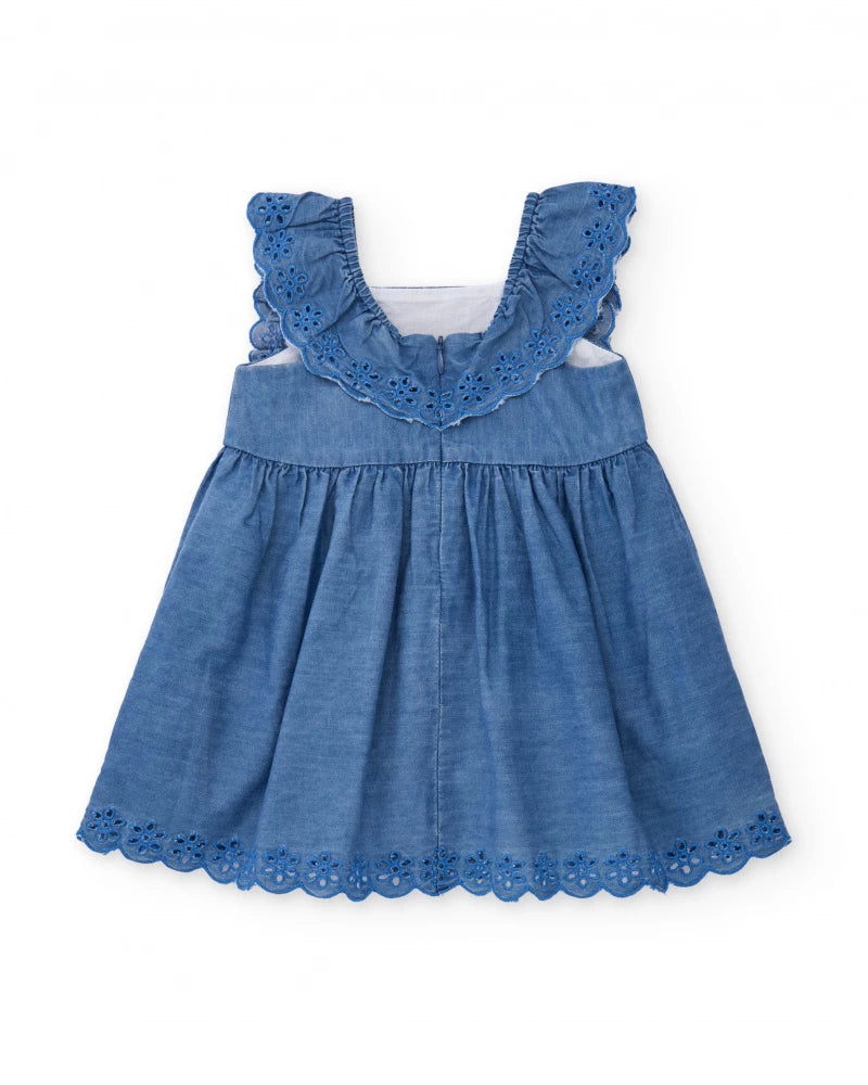 Vestito da bambina in tessuto piano con volant e ricamo floreale